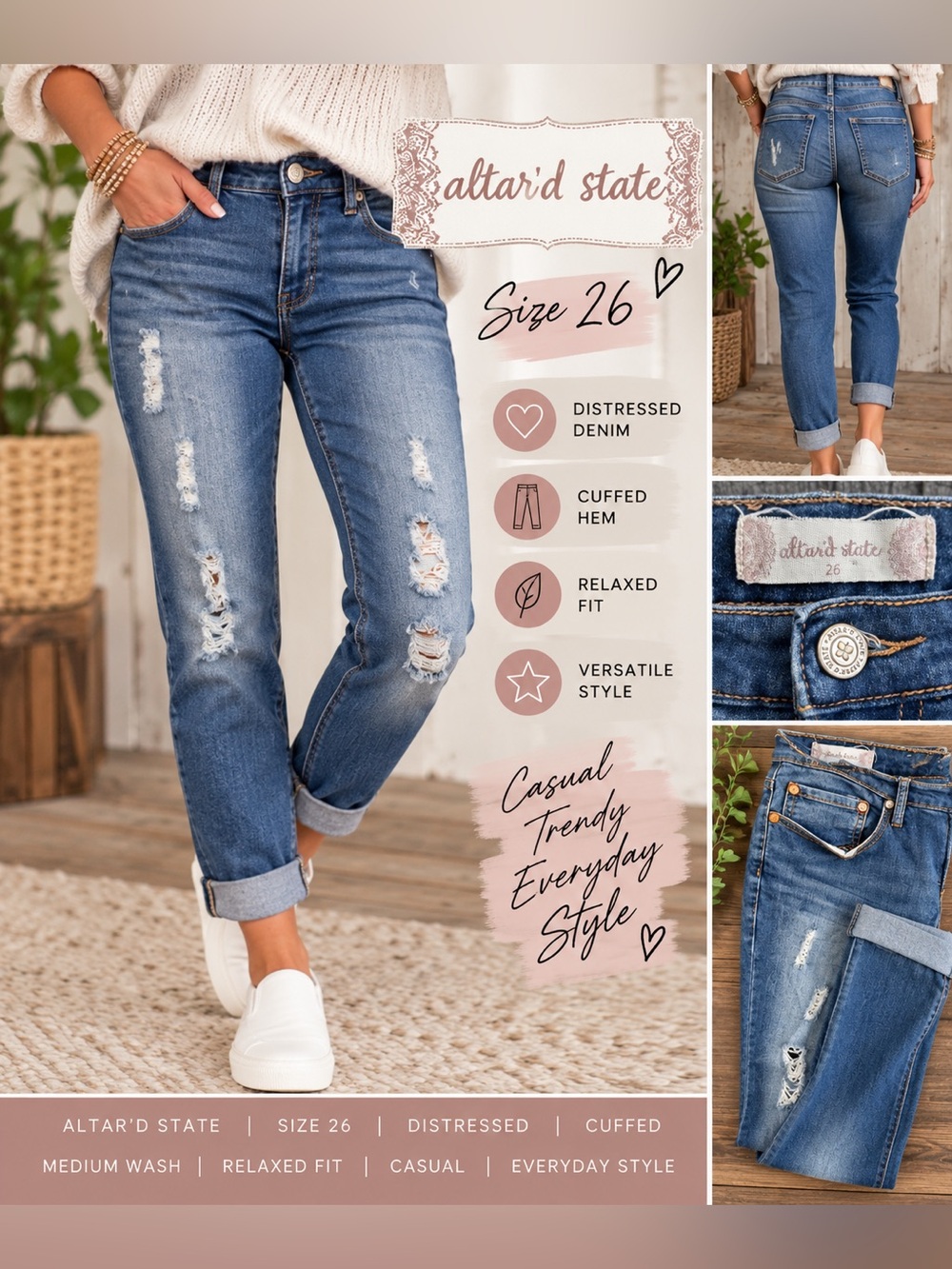Altar’d State Distressed Medium Wash Cuffed Jeans Size 26